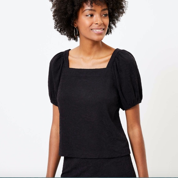 Loft FLORAL JACQUARD SQUARE NECK PUFF SLEEVE TOP - Picture 1 of 4